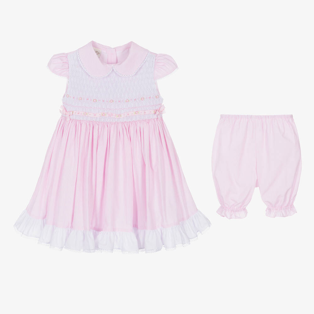 بريتي أوريجينال-طقم فستان مطرز سموكينغ مزيج قطن لون زهري | Childrensalon Outlet