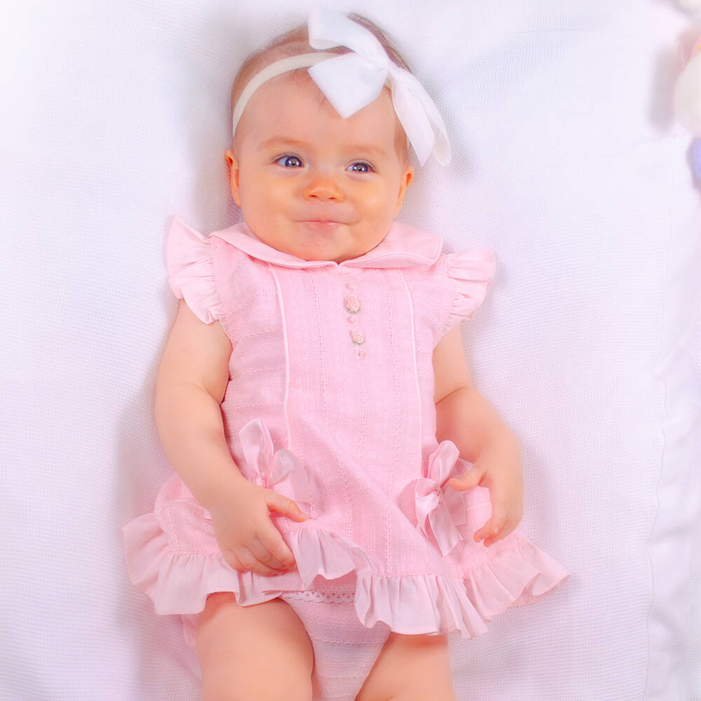 Pretty Originals-Girls Pink Textured Ruffle Bow Dress Set | Childrensalon Outlet