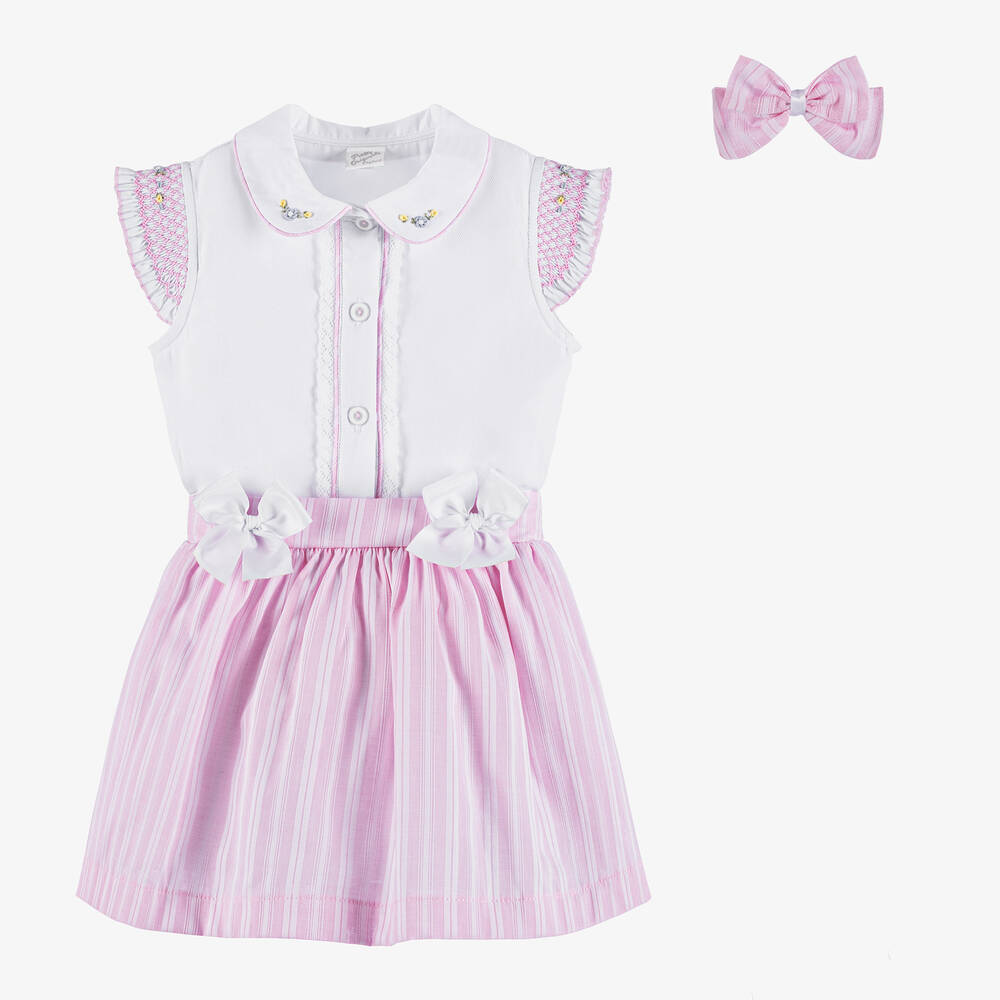 Pretty Originals-Girls Pink & White Cotton Skirt Set | Childrensalon Outlet