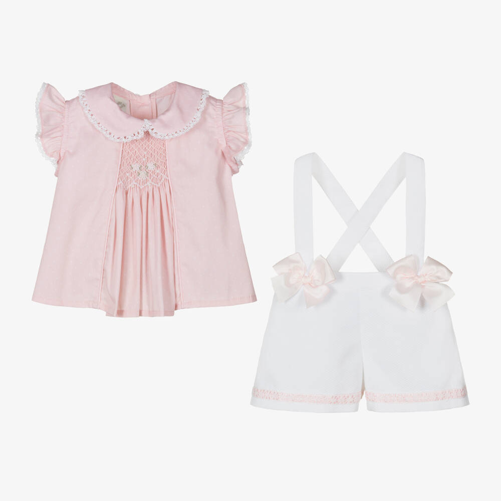 PRETTY ORIGINALS - Floral Smocked Short Set & Hairband  - Pink