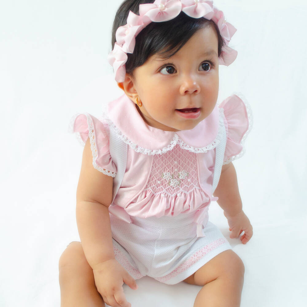 PRETTY ORIGINALS - Smocked Romper & Hairband - Pink