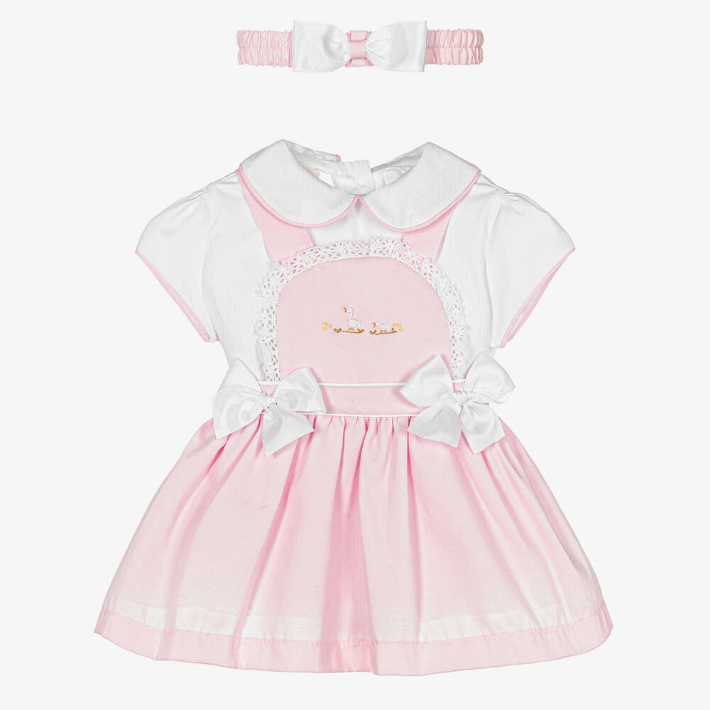 Pretty Originals - Girls Pink & White Pinafore Dress Set | Childrensalon