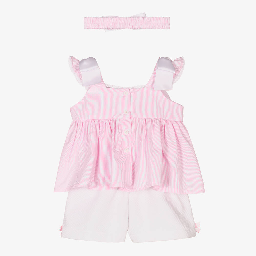Pretty Originals-Girls Pink & White Smocked Cotton Shorts Set | Childrensalon Outlet