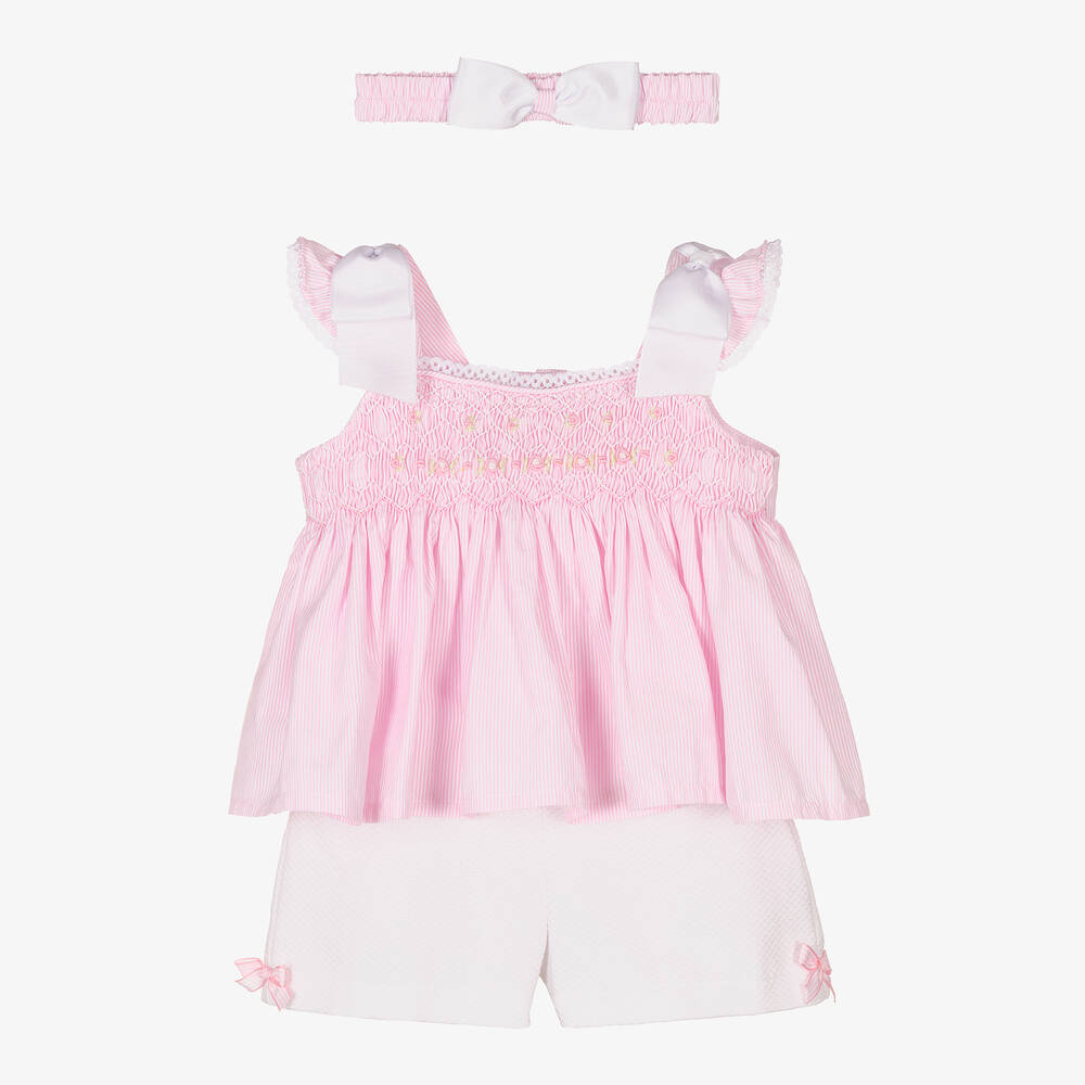 Pretty Originals - Girls Pink & White Smocked Cotton Shorts Set | Childrensalon