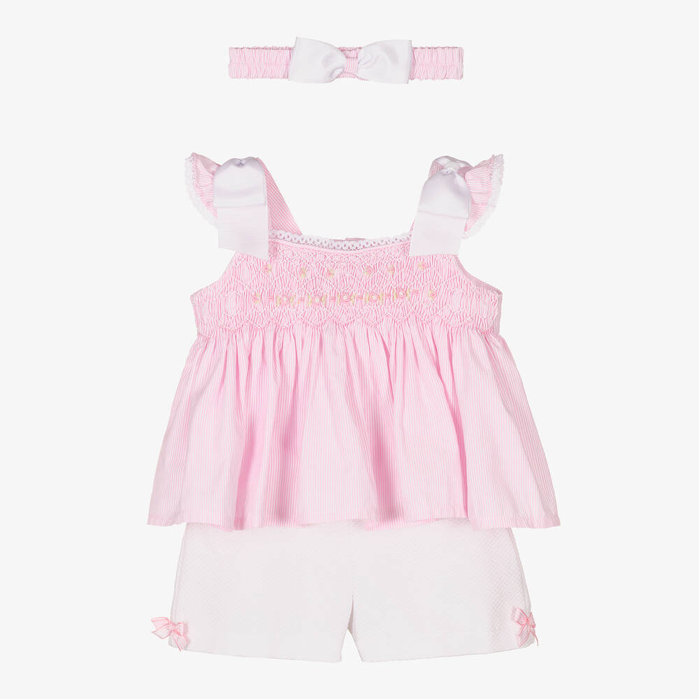 Pretty Originals - Baumwollshorts-Set gesmokt rosa/w. | Childrensalon