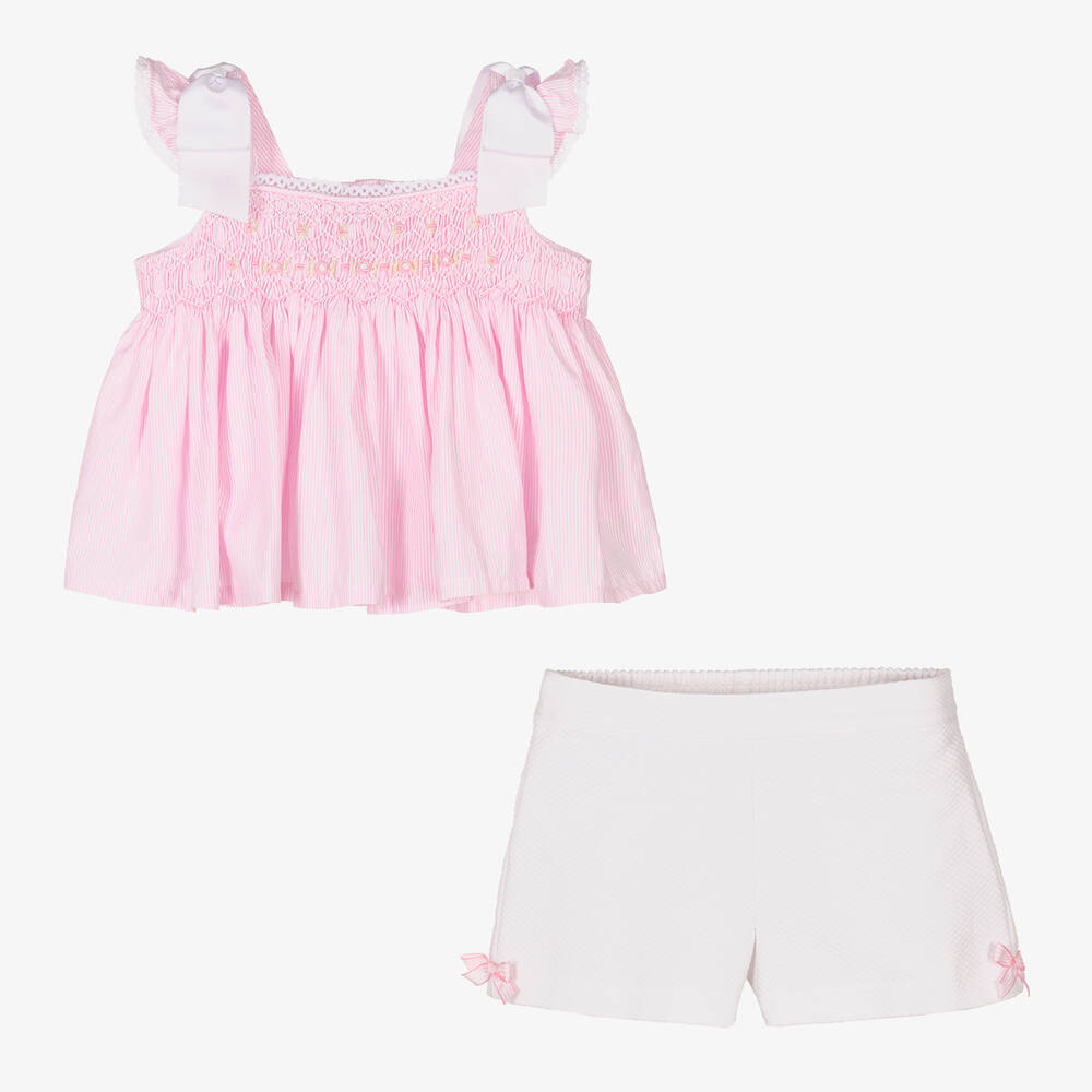 Pretty Originals-Girls Pink & White Smocked Cotton Shorts Set | Childrensalon Outlet