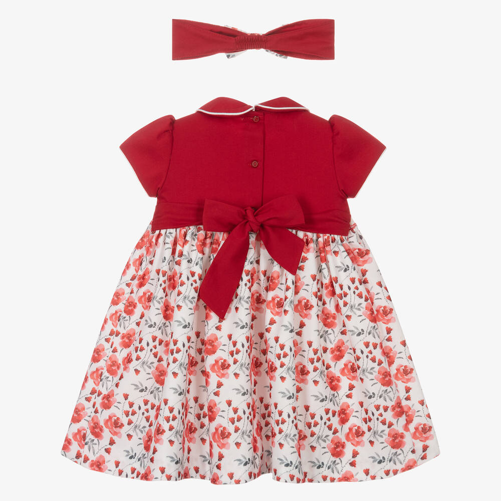 بريتي أوريجينال-طقم فستان بطبعة ورود مطرز سموكينغ لون أحمر | Childrensalon Outlet