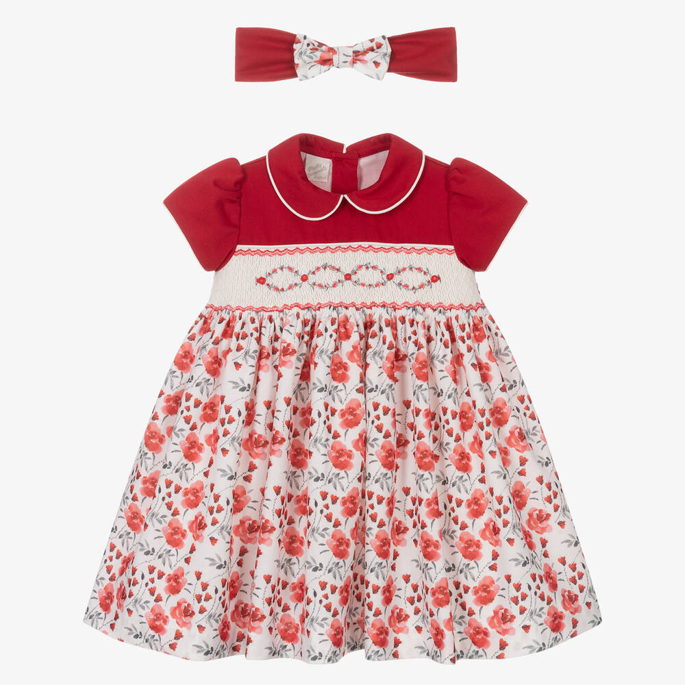 Pretty Originals - Girls Red Floral Smocked Dress Set | Childrensalon