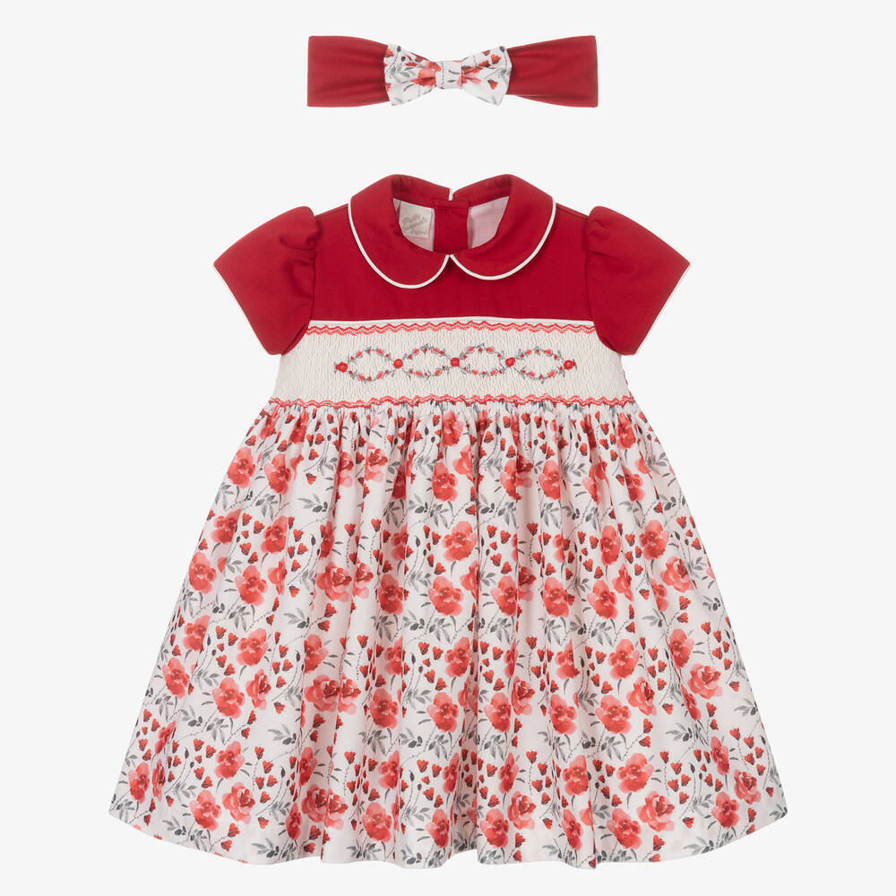 Pretty Originals-Girls Red Floral Smocked Dress Set | Childrensalon Outlet