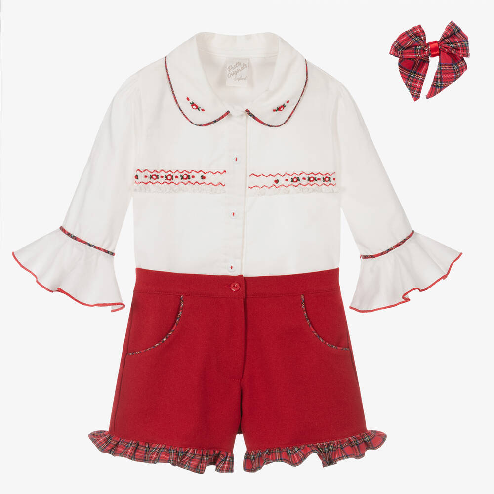 Pretty Originals - Girls Red Hand-Smocked Shorts Set | Childrensalon