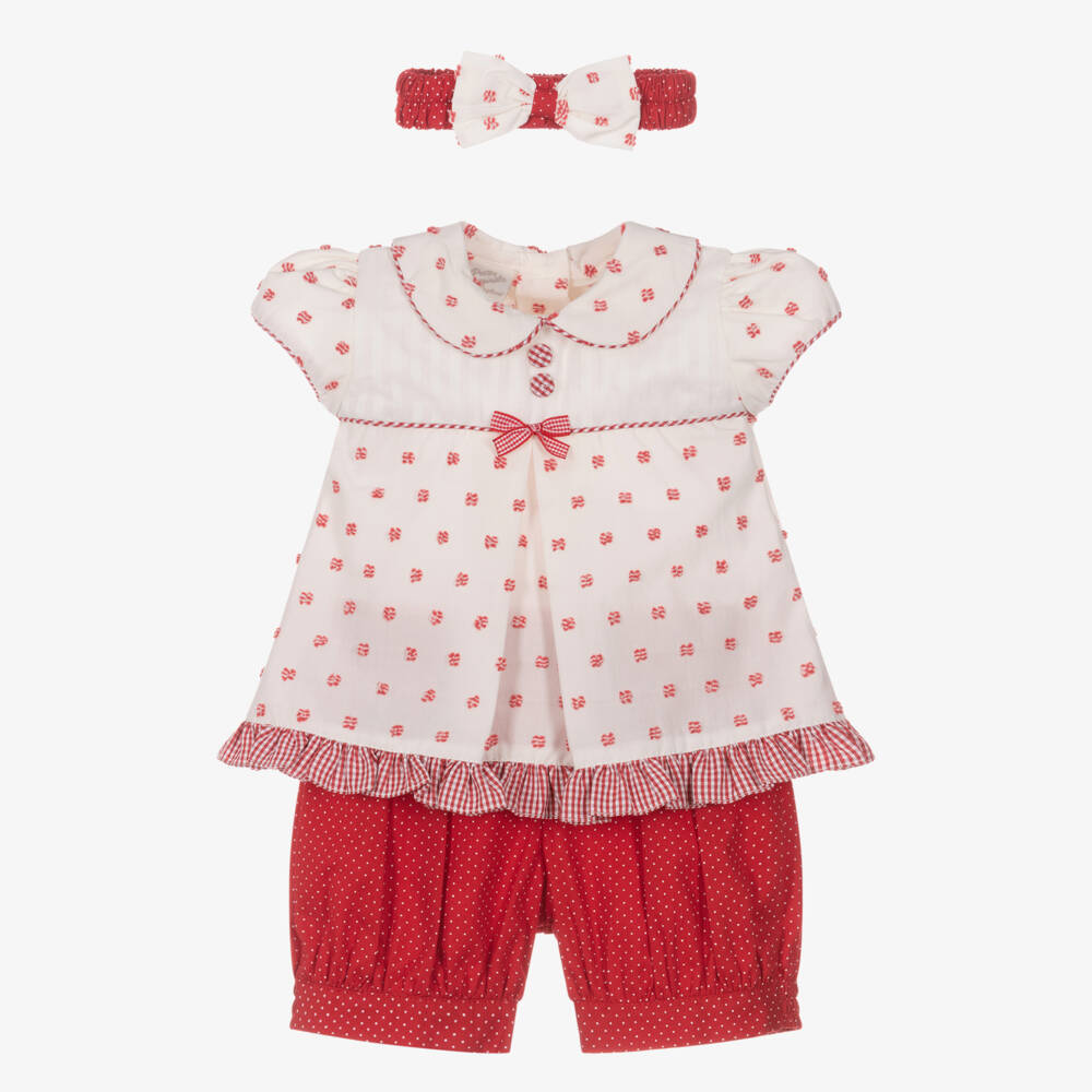 Pretty Originals-طقم شورت قطن بنقاط بولكا لون أحمر للبنات الرضع | Childrensalon Outlet