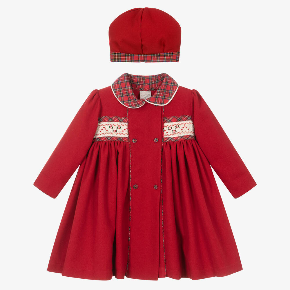 Pretty Originals - Красное пальто и шапочка с деталями в клетку  | Childrensalon