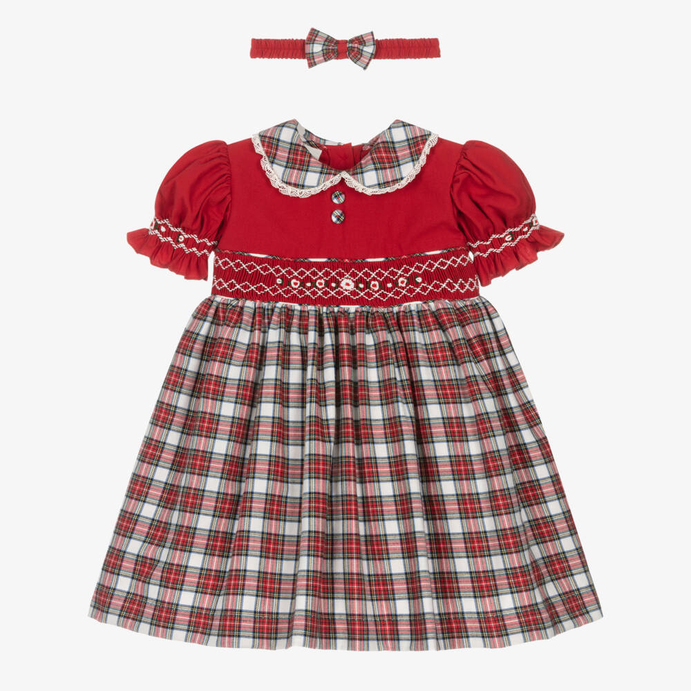 Pretty Originals-Girls Tartan Red Smocked Dress Ensemble | Childrensalon Outlet