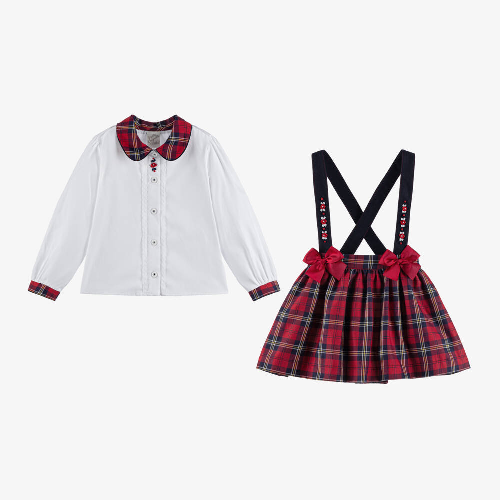 بريتي أوريجينال-طقم تنورة تارتان مزيج قطن لون أحمر وأبيض للبنات | Childrensalon Outlet