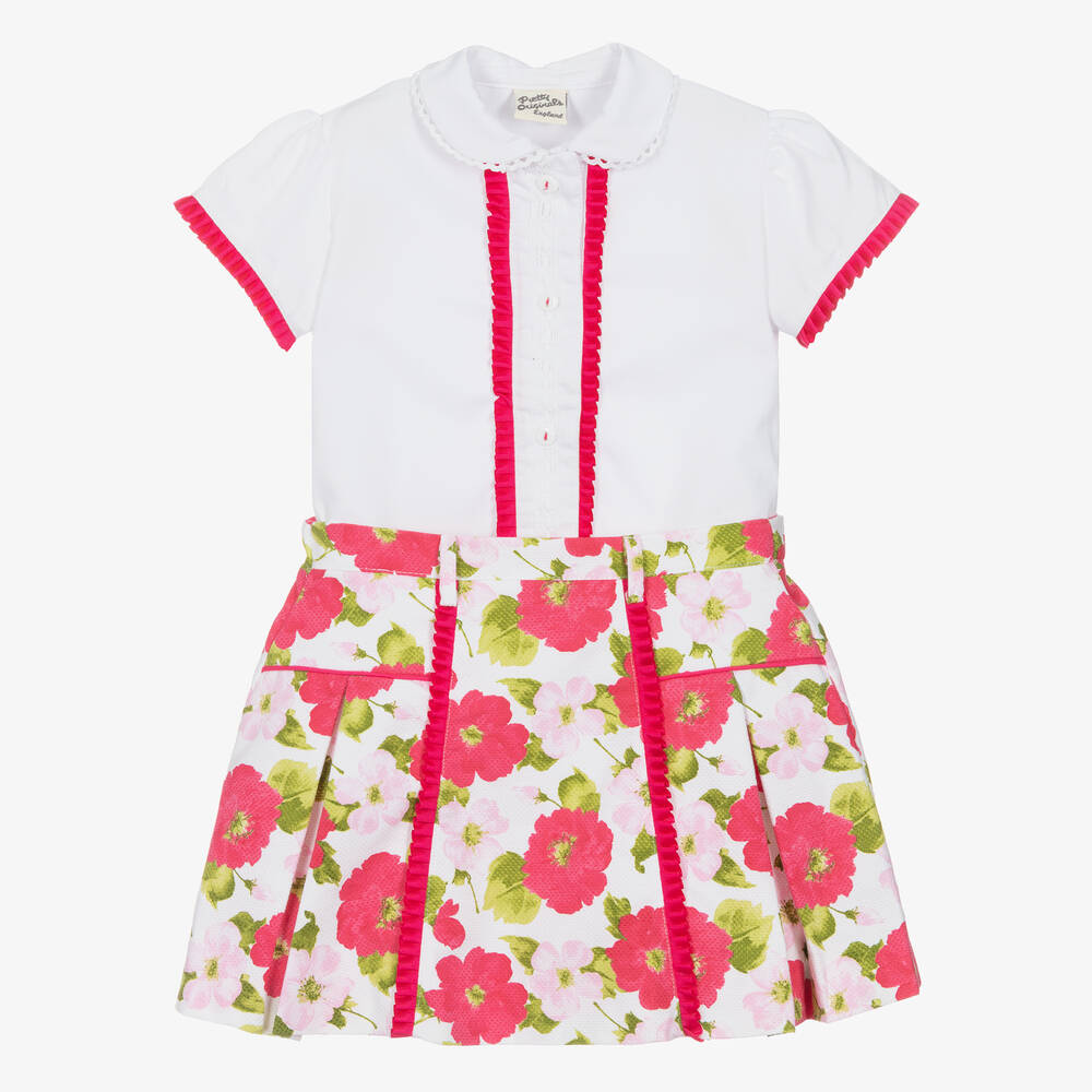 Pretty Originals - Girls White Blouse & Floral Skirt Set | Childrensalon