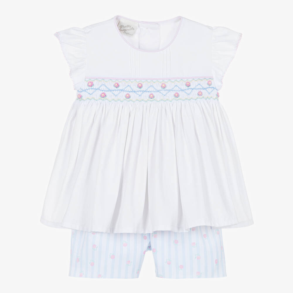 Pretty Originals-Girls White & Blue Cotton Smocked Shorts Set | Childrensalon Outlet