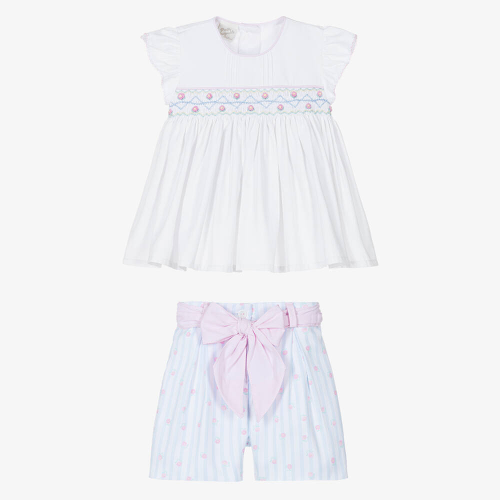 Pretty Originals-Girls White & Blue Cotton Smocked Shorts Set | Childrensalon Outlet