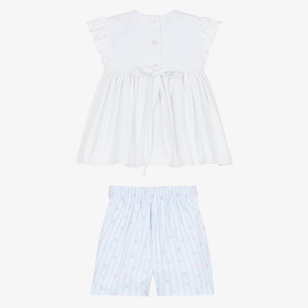 Pretty Originals-Girls White & Blue Cotton Smocked Shorts Set | Childrensalon Outlet