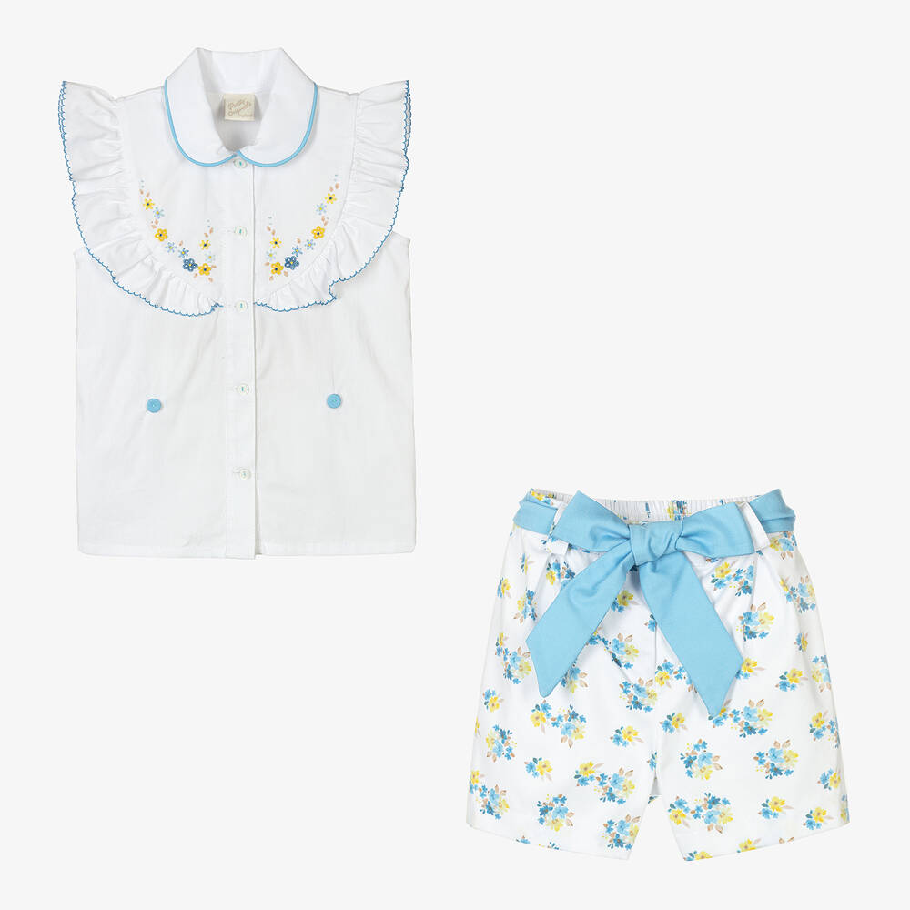 بريتي أوريجينال-بِدلة رسمية قطن لون أبيض وأزرق بطبعة ورود | Childrensalon Outlet