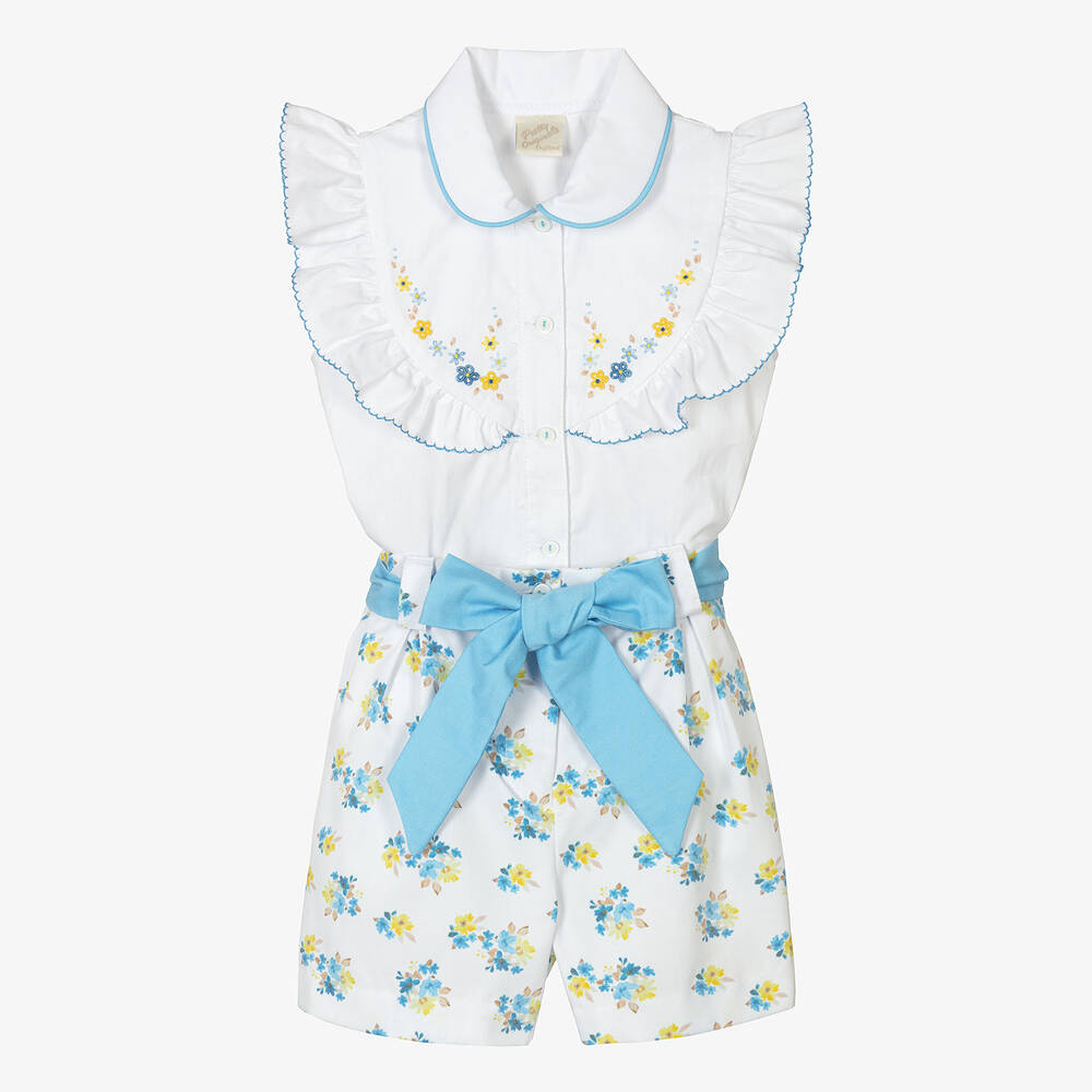 Pretty Originals-Girls White & Blue Floral Buster Suit | Childrensalon Outlet