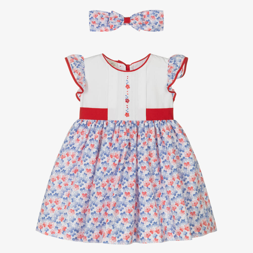 Pretty Originals - Girls White & Blue Floral Dress Set | Childrensalon
