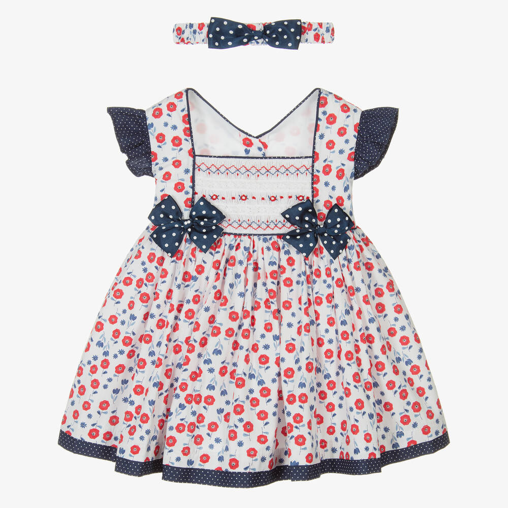 Pretty Originals-طقم فستان قطن بوبلين لون أبيض وأزرق بطبعة ورود | Childrensalon Outlet