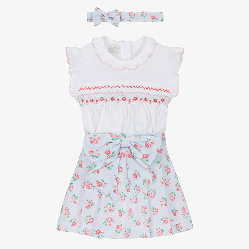 Pretty Originals-Girls White & Blue Floral Skirt Set with Hand-Embroidery | Childrensalon Outlet