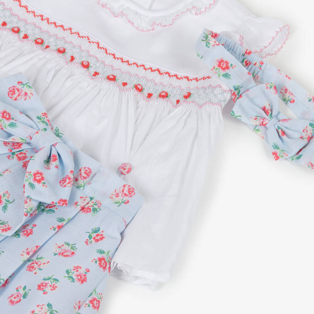 Pretty Originals-Girls White & Blue Floral Skirt Set with Hand-Embroidery | Childrensalon Outlet