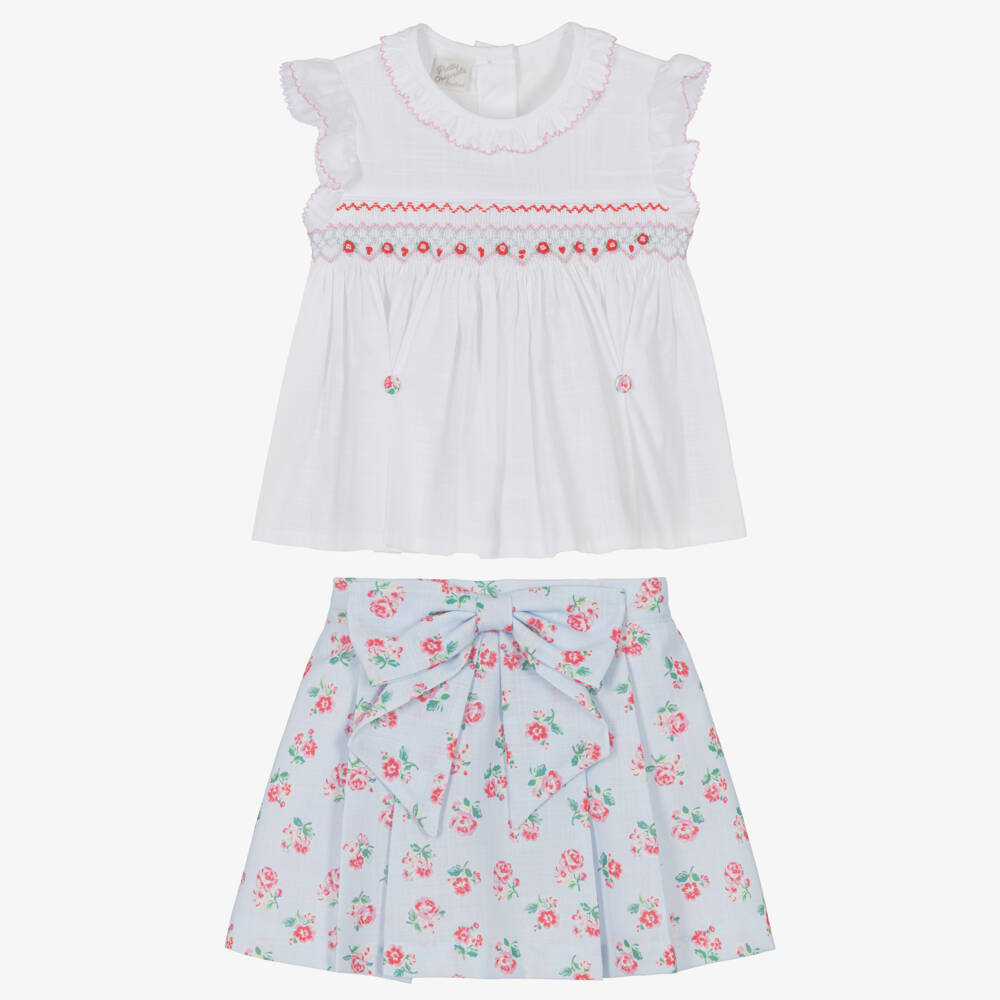 Pretty Originals-Girls White & Blue Floral Skirt Set with Hand-Embroidery | Childrensalon Outlet