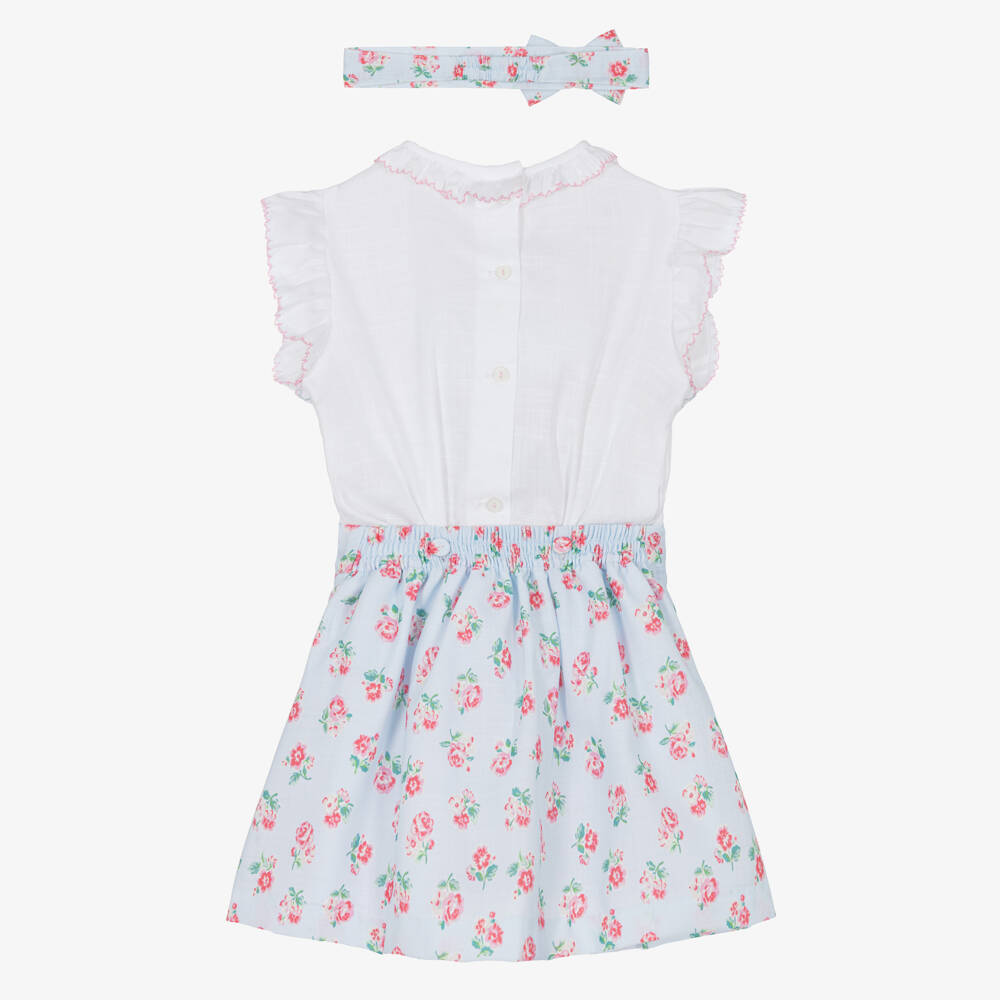 Pretty Originals-Girls White & Blue Floral Skirt Set with Hand-Embroidery | Childrensalon Outlet