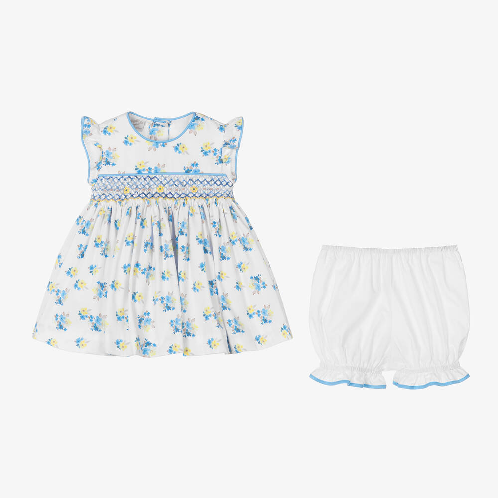 بريتي أوريجينال-طقم فستان مطرز سموكينغ قطن لون أبيض وأزرق | Childrensalon Outlet