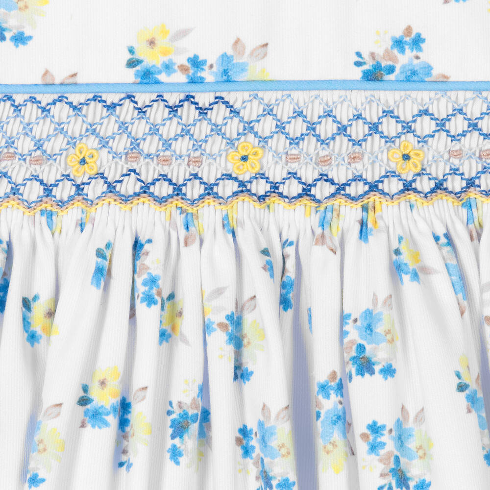بريتي أوريجينال-طقم فستان مطرز سموكينغ قطن لون أبيض وأزرق | Childrensalon Outlet