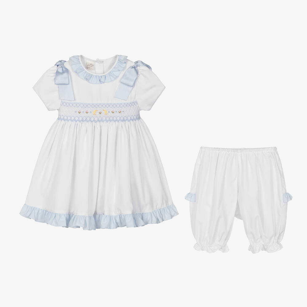 Pretty Originals-Girls White & Blue Smocked Dress Set | Childrensalon Outlet