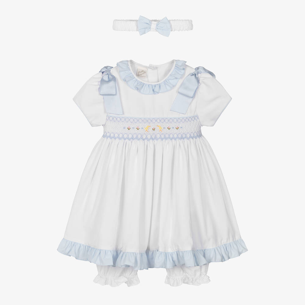Pretty Originals-Girls White & Blue Smocked Dress Set | Childrensalon Outlet