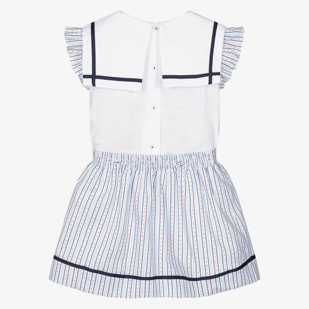 Pretty Originals-Girls White & Blue Striped Cotton Skirt Set | Childrensalon Outlet