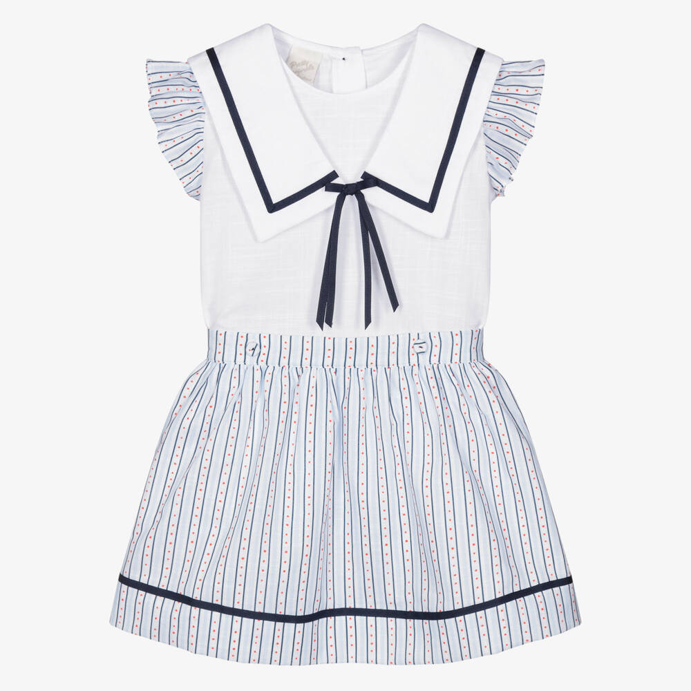 Pretty Originals-Girls White & Blue Striped Cotton Skirt Set | Childrensalon Outlet