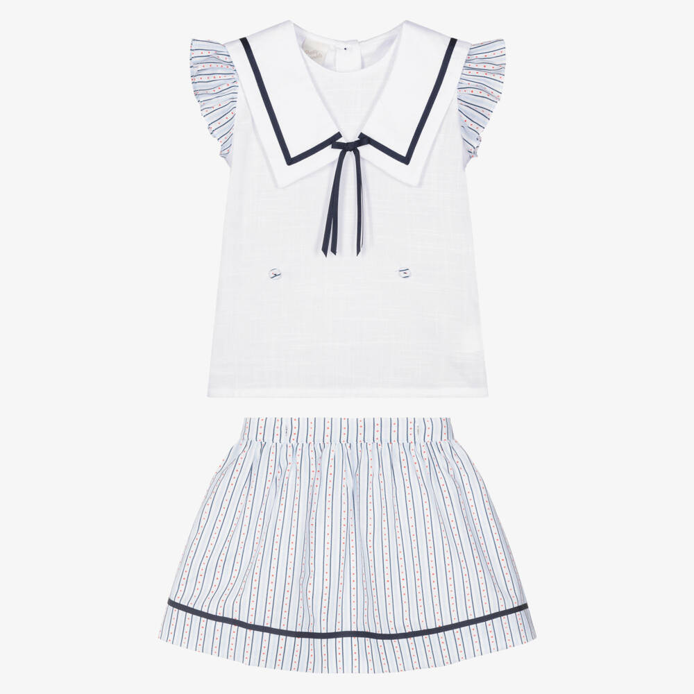 Pretty Originals-Girls White & Blue Striped Cotton Skirt Set | Childrensalon Outlet