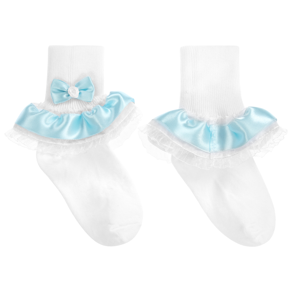 Pretty Originals - Girls White & Blue Trim Socks | Childrensalon
