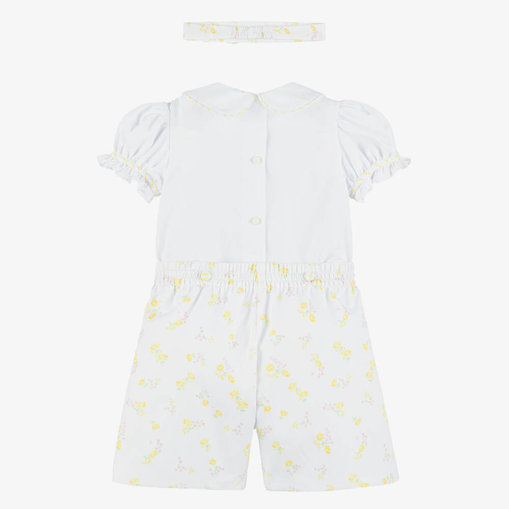 Pretty Originals-Girls White Buster Suit with Yellow & Pink Floral Print | Childrensalon Outlet