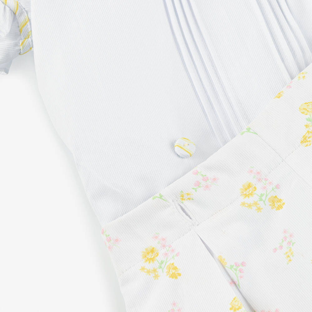 Pretty Originals-Girls White Buster Suit with Yellow & Pink Floral Print | Childrensalon Outlet