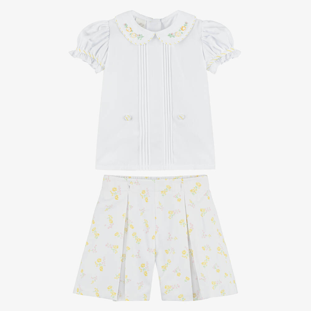 Pretty Originals-Girls White Buster Suit with Yellow & Pink Floral Print | Childrensalon Outlet