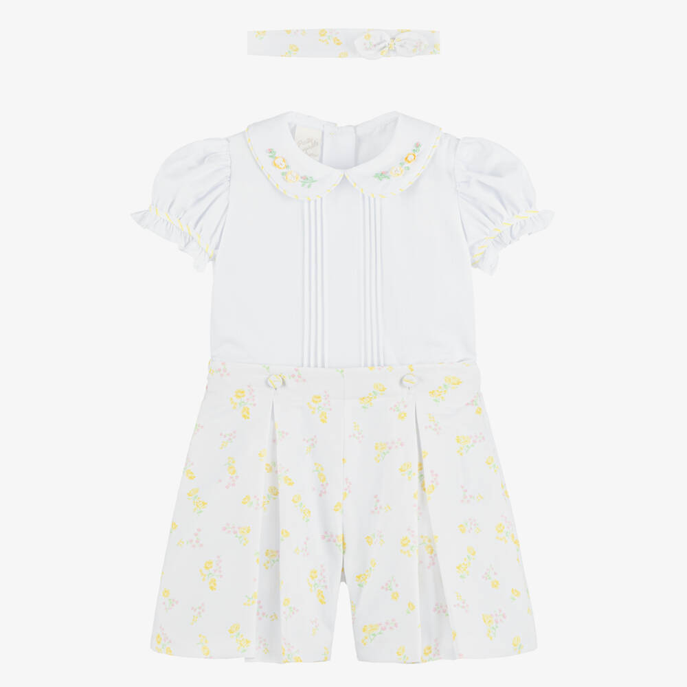 Pretty Originals-Girls White Buster Suit with Yellow & Pink Floral Print | Childrensalon Outlet