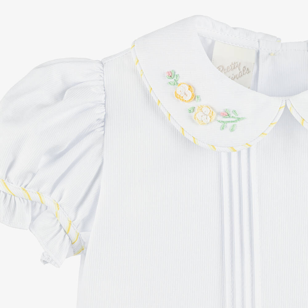 Pretty Originals-Girls White Buster Suit with Yellow & Pink Floral Print | Childrensalon Outlet