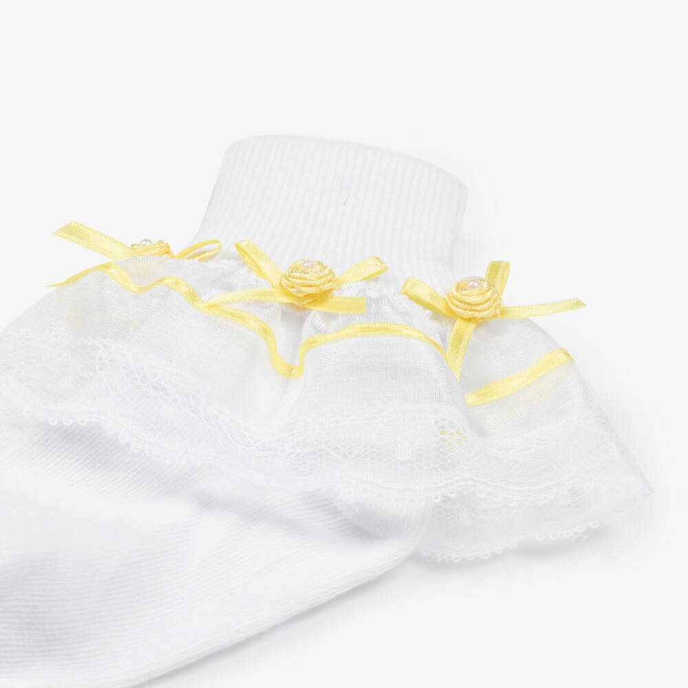 Pretty Originals-Girls White Cotton Ankle Socks with Ribbons | Childrensalon Outlet
