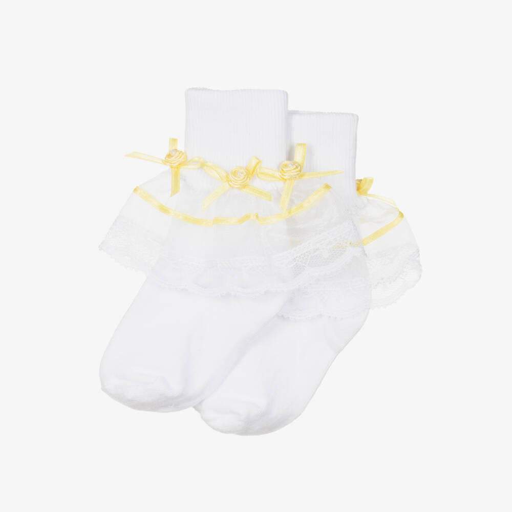 Pretty Originals-Girls White Cotton Ankle Socks with Ribbons | Childrensalon Outlet
