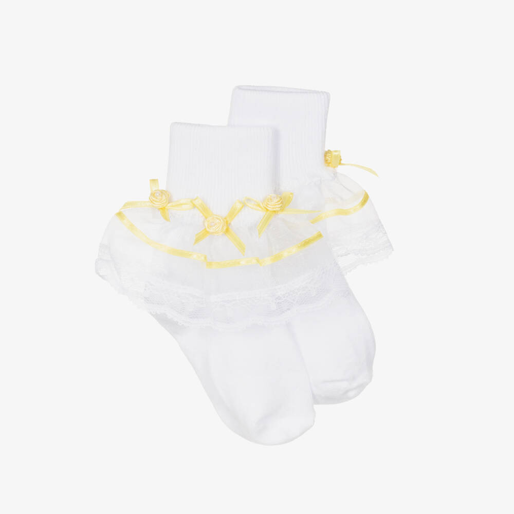 Pretty Originals-Girls White Cotton Ankle Socks with Ribbons | Childrensalon Outlet