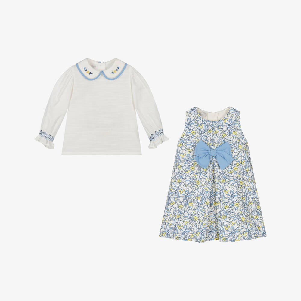 Pretty Originals-Girls White Cotton Blouse & Blue Floral Dress Set | Childrensalon Outlet
