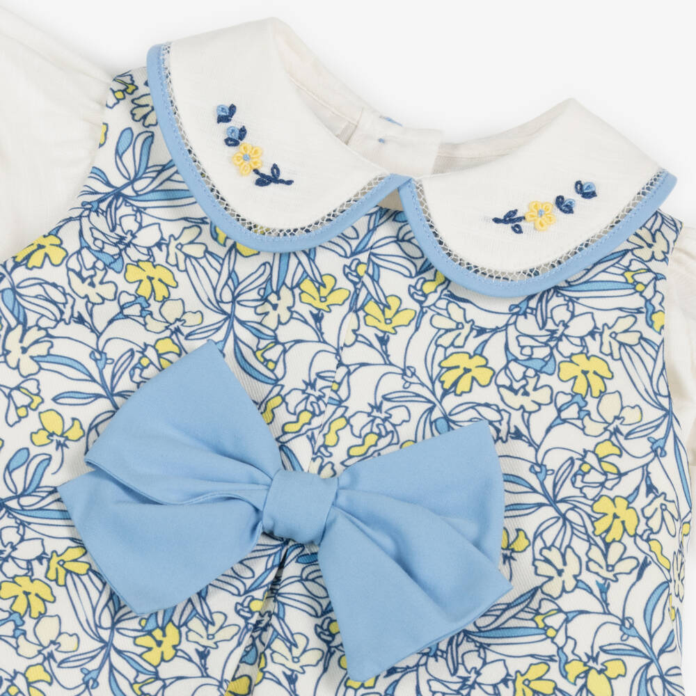 Pretty Originals-Girls White Cotton Blouse & Blue Floral Dress Set | Childrensalon Outlet