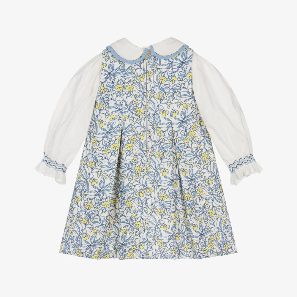 Pretty Originals-Girls White Cotton Blouse & Blue Floral Dress Set | Childrensalon Outlet