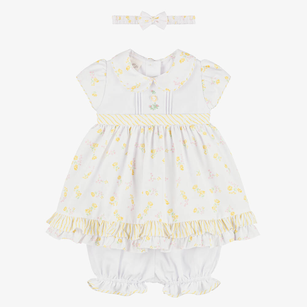 Pretty Originals-Girls White Dress Set with Pink & Yellow Floral Print | Childrensalon Outlet